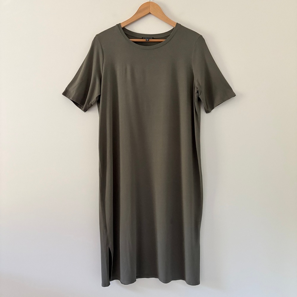 Eileen Fisher Dress Large Olive Green Tee Shirt Jersey Midi Side Slit Minimalist